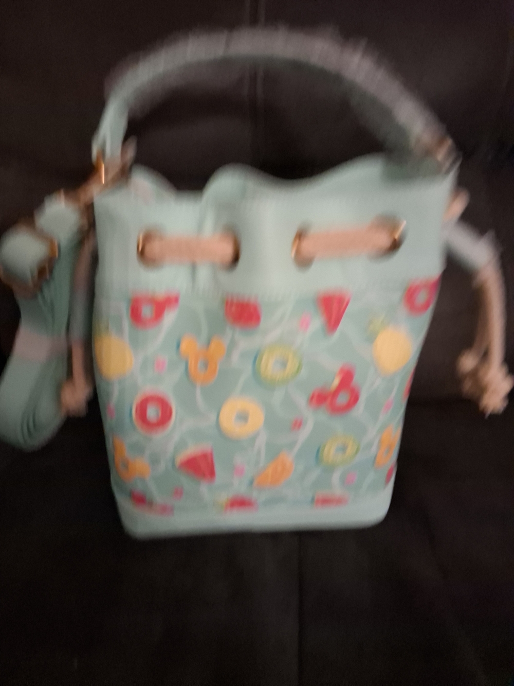 HARDTAG Loungefly Mickey & Minnie Fruit Pool Floats Allover Bucket Crossbody Bag - Picture 4 of 6